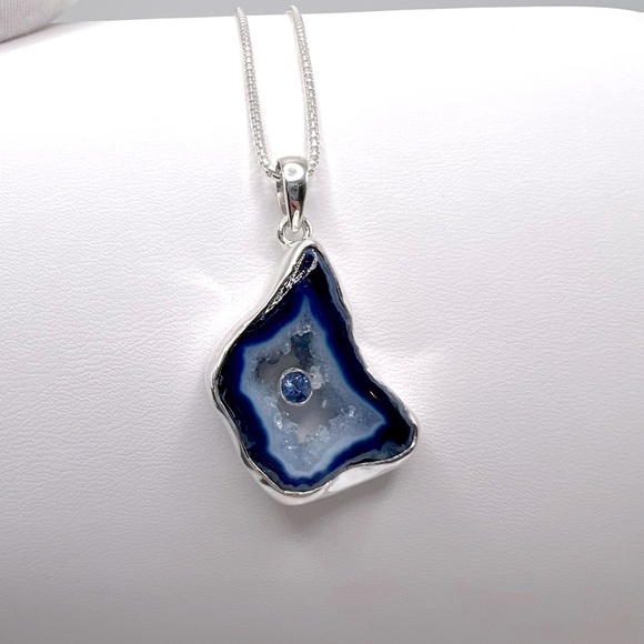 Genuine Blue Agate .925 Sterling Silver Necklace - Picture 6 of 16